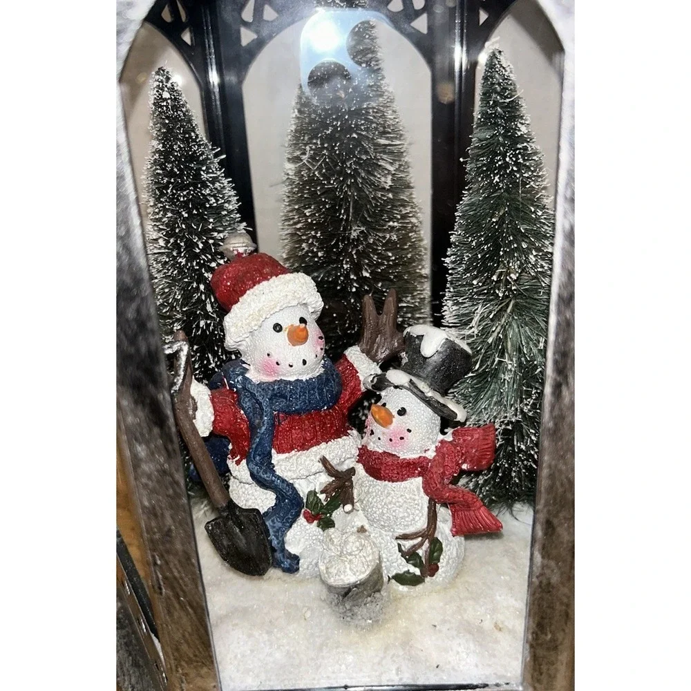 Christmas Silver Lantern Snowman Scene Trees‎ Light Lights Up Holiday Decor